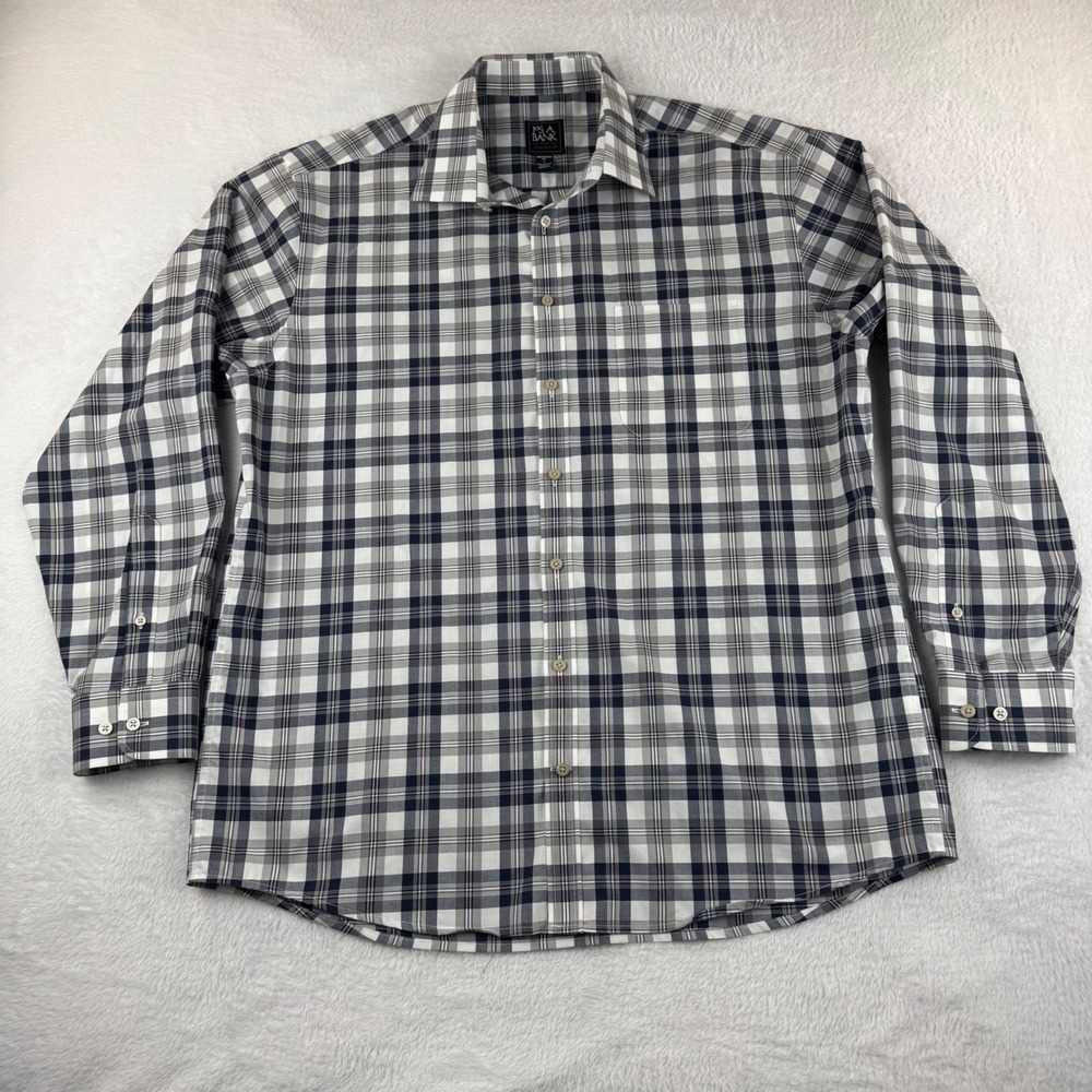 Jos. A. Bank Traveler Button Down Shirt Mens Large Navy Grey Plaid Traditional